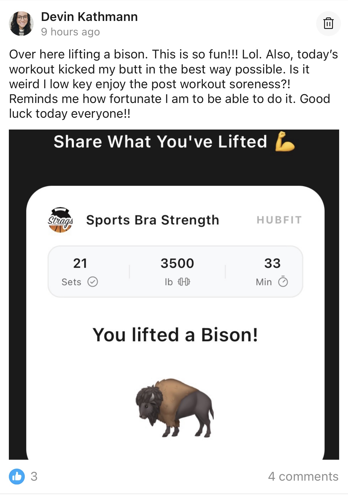 Community chat screenshot from inside Sports Bra Strength