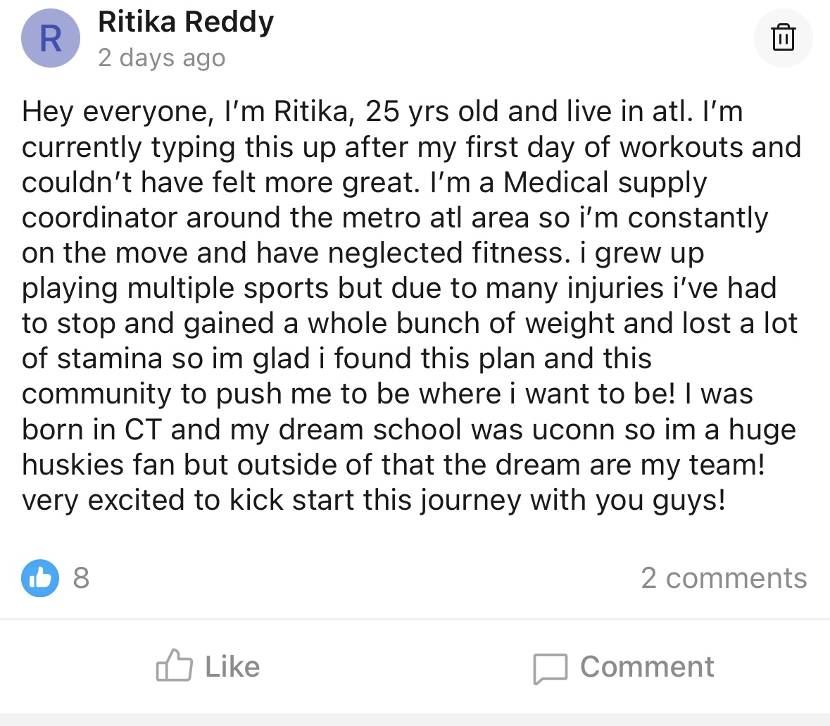 Ritika, 25 year old medical supply coordinator, UConn fan and Dream supporter, introducing herself to the Sports Bra Strength community