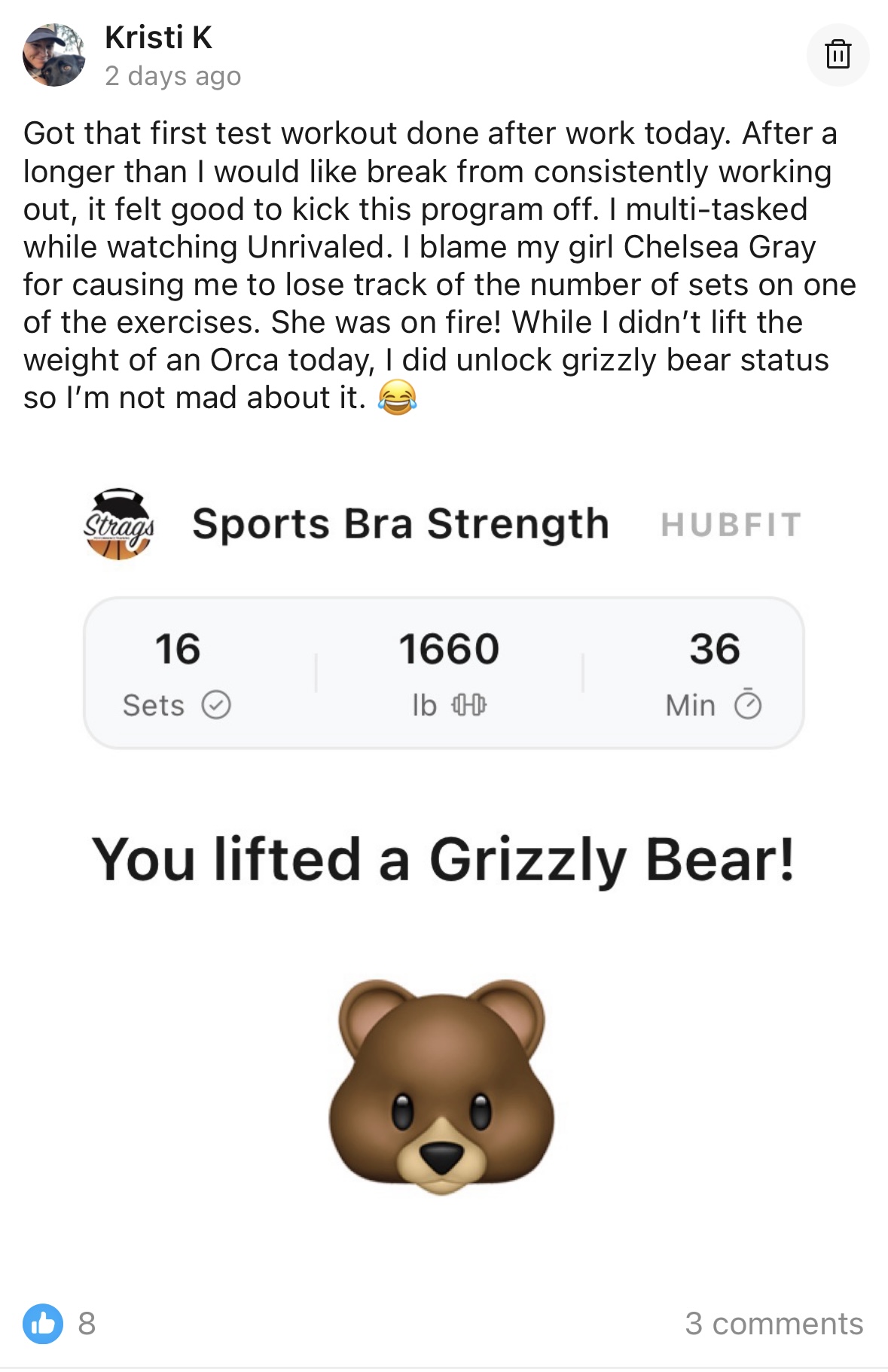 Community member Kristi celebrating a Grizzly Bear milestone with a Chelsea Gray reference