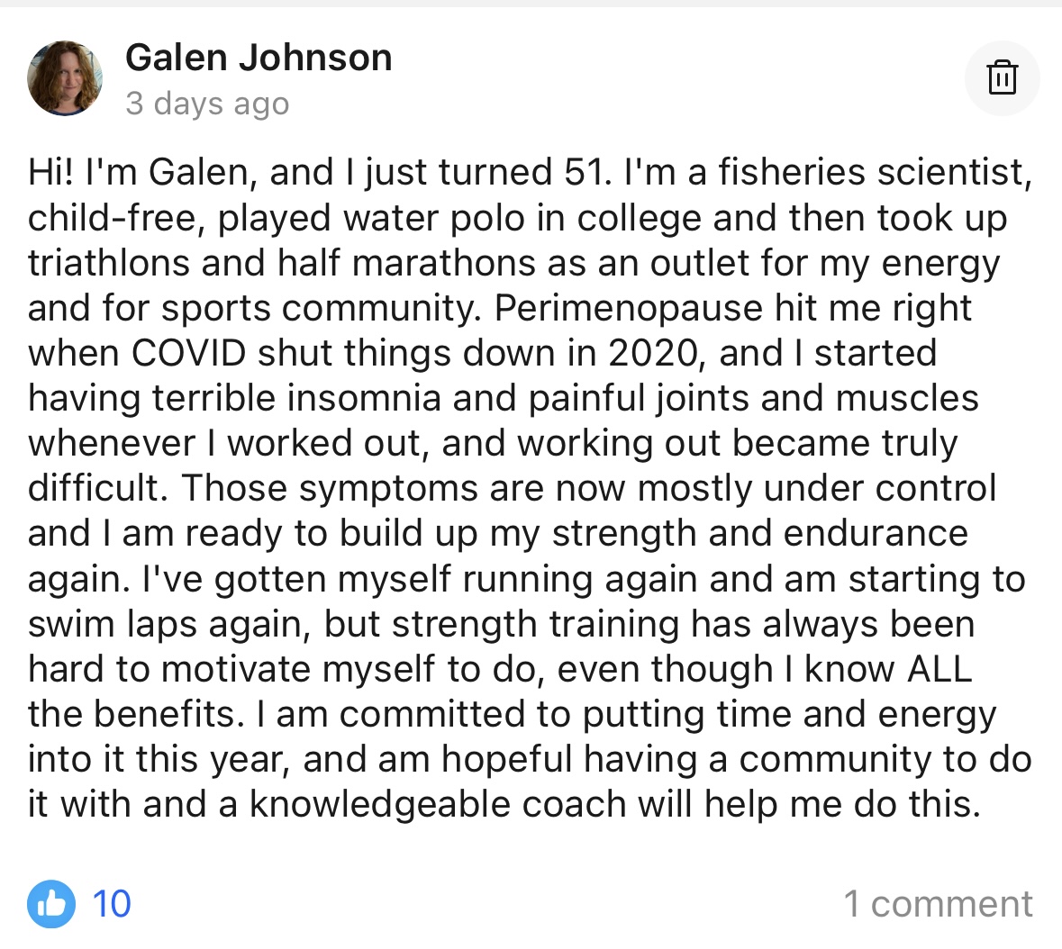 Galen, 51 year old fisheries scientist and former triathlete, introducing herself to the Sports Bra Strength community