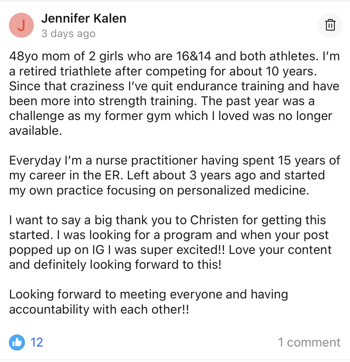 Jennifer, 48 year old retired triathlete and nurse practitioner, introducing herself to the Sports Bra Strength community