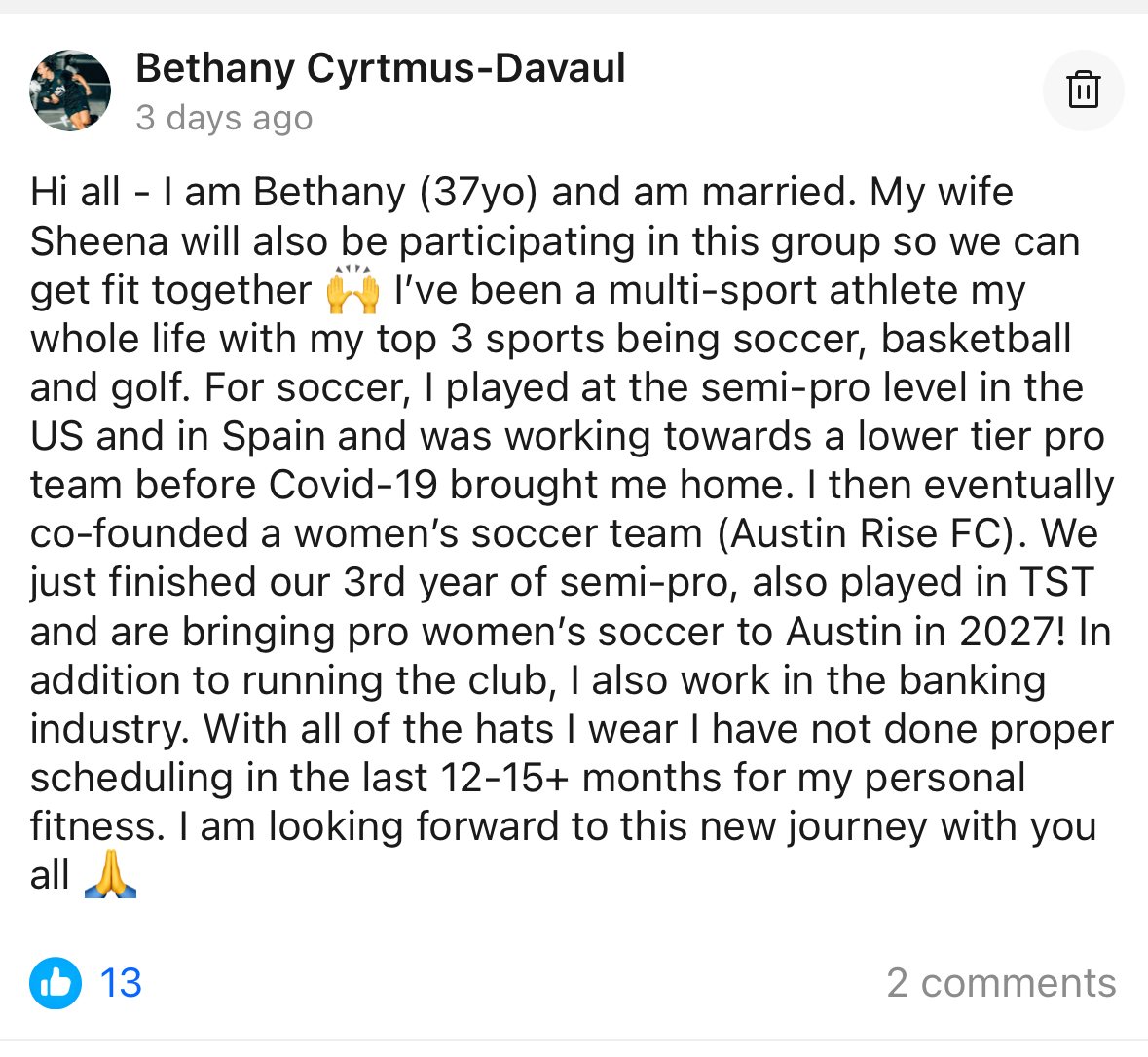 Bethany, 37 year old semi-pro soccer player and co-founder of Austin Rise FC, introducing herself to the Sports Bra Strength community