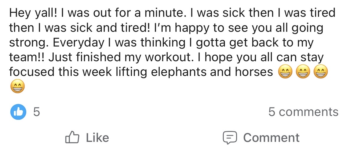 Community chat screenshot from inside Sports Bra Strength