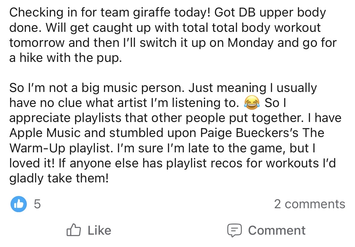 Community chat screenshot from inside Sports Bra Strength