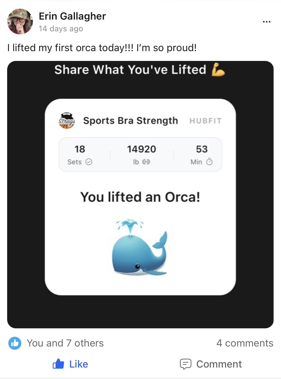 Community member Erin celebrating an Orca milestone in the Sports Bra Strength app