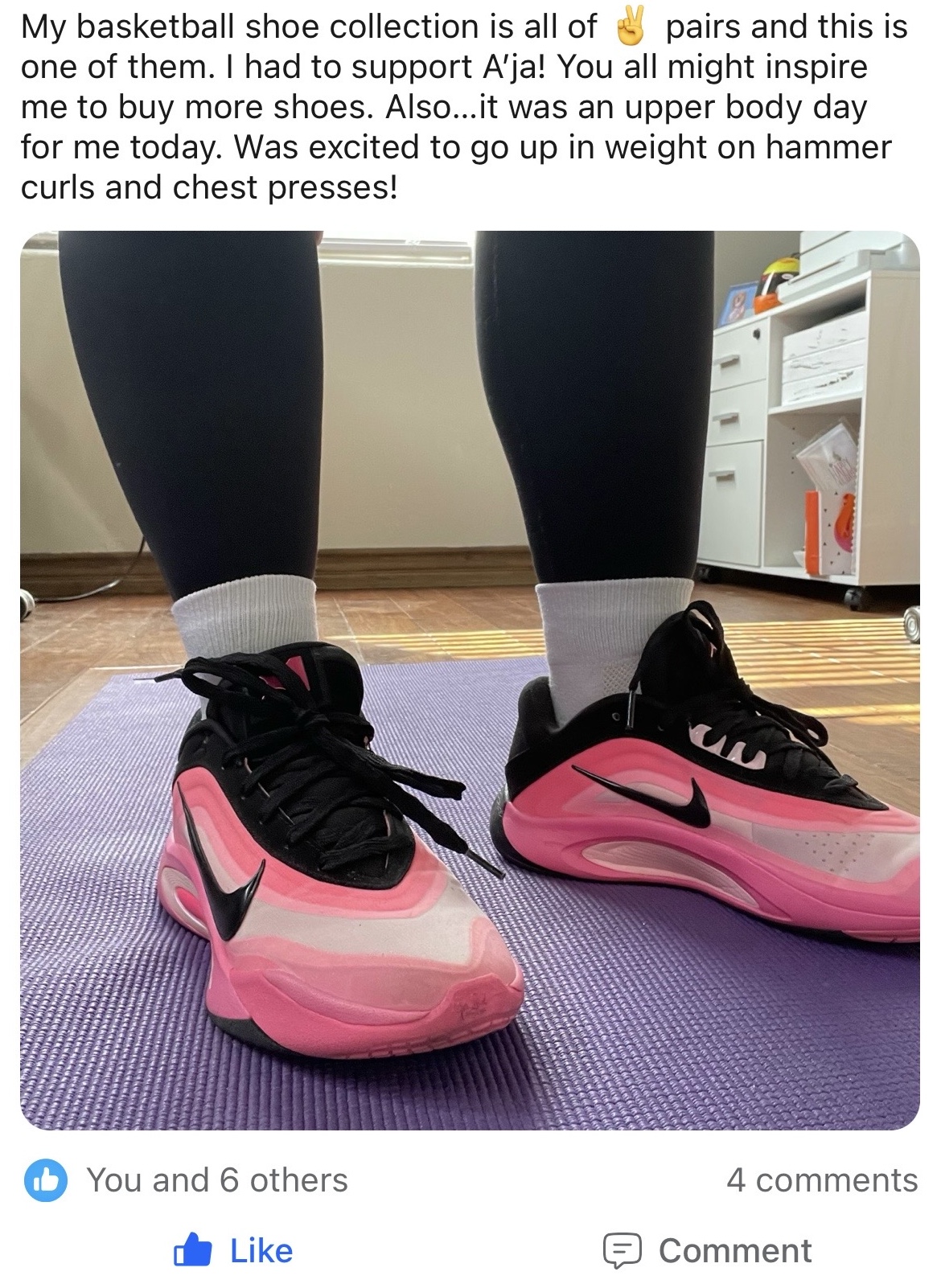Community member Kristi sharing her A'ja Wilson signature pink Nike sneakers