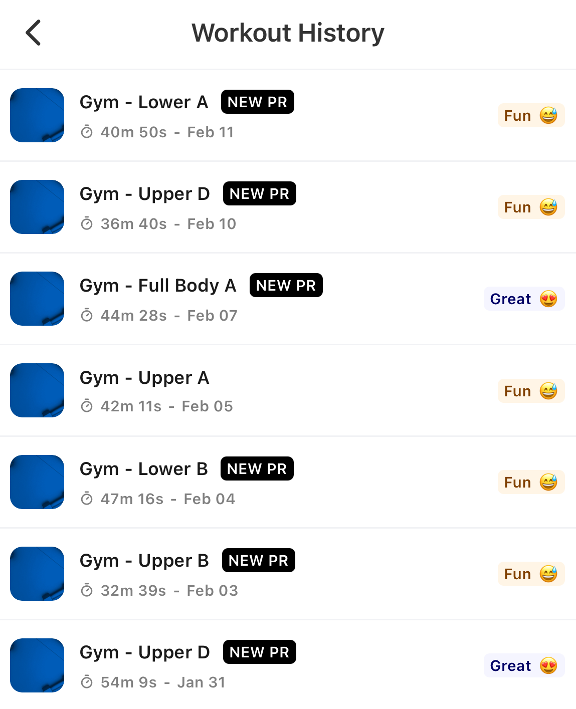 Workout history log showing consistent attendance across sessions